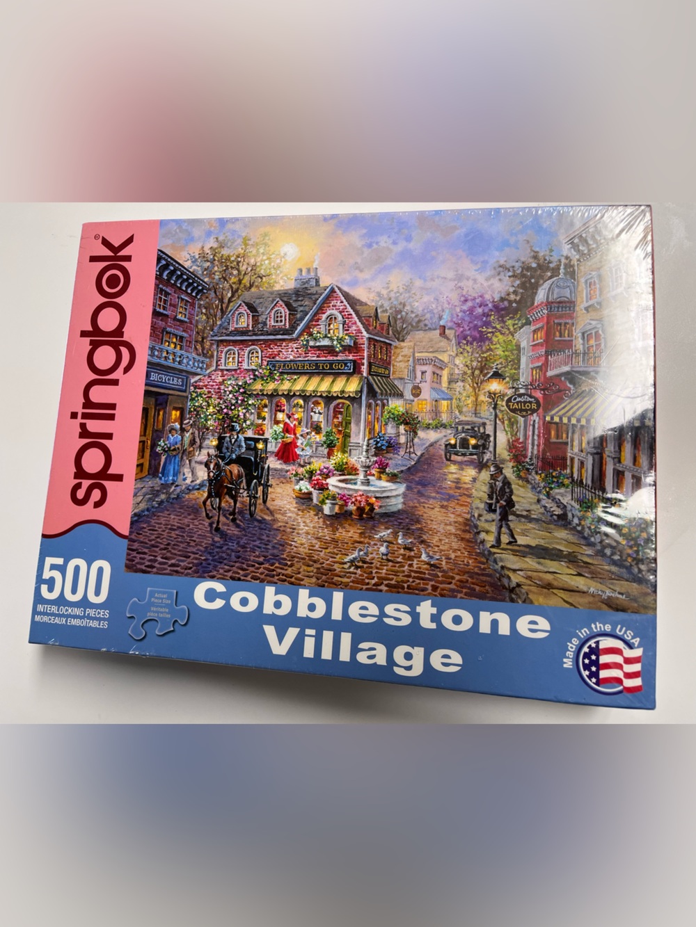 Springbok Cobblestone Village 500-Piece Puzzle - Pink & Blue Box
